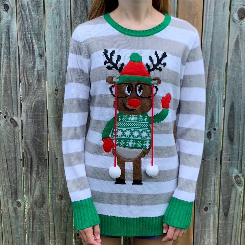 Grey striped reindeer sweater